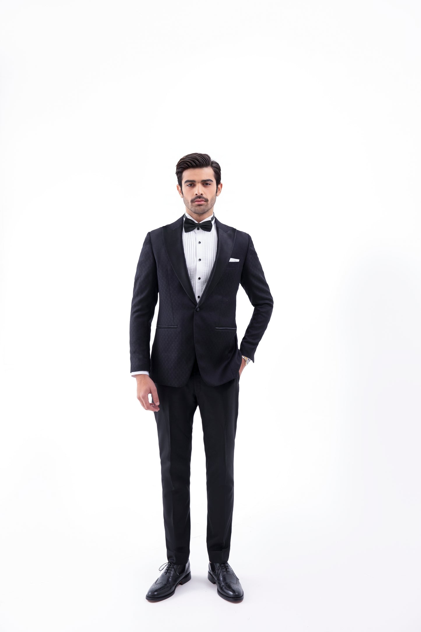 Black Tuxedo in Jacquard Fabric Jacket with tuxedo trouser
