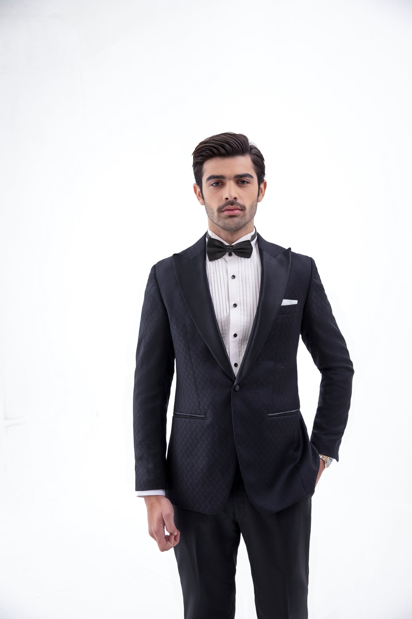Black Tuxedo in Jacquard Fabric Jacket with tuxedo trouser