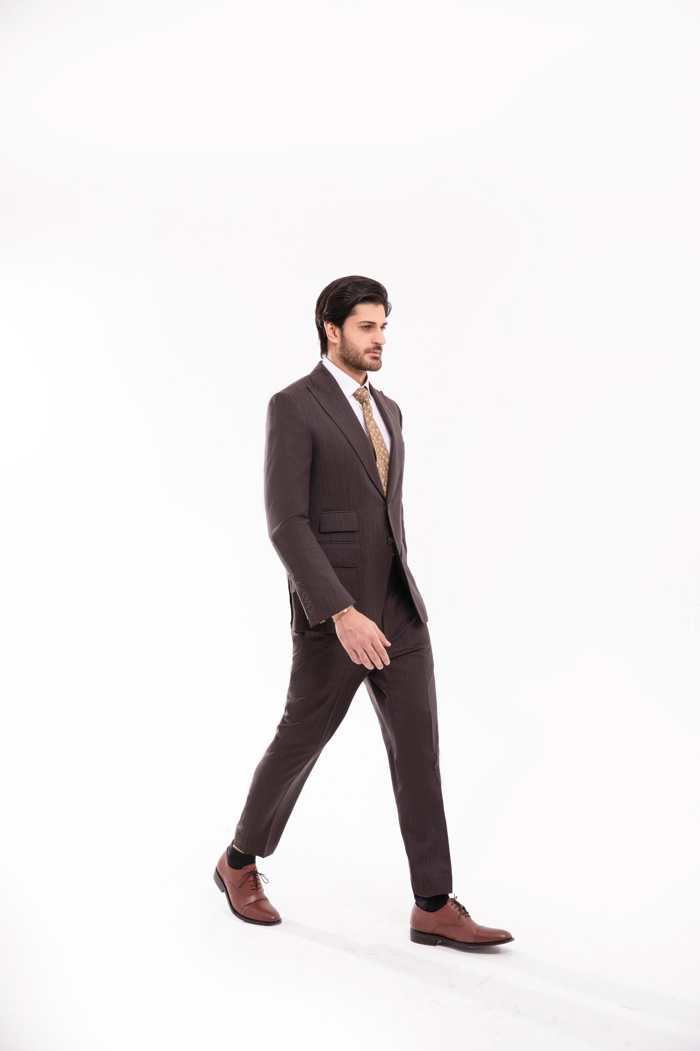 Brown Pinstripes Peak Lapels wool blended 2 Piece Suit with Ticket Pocket