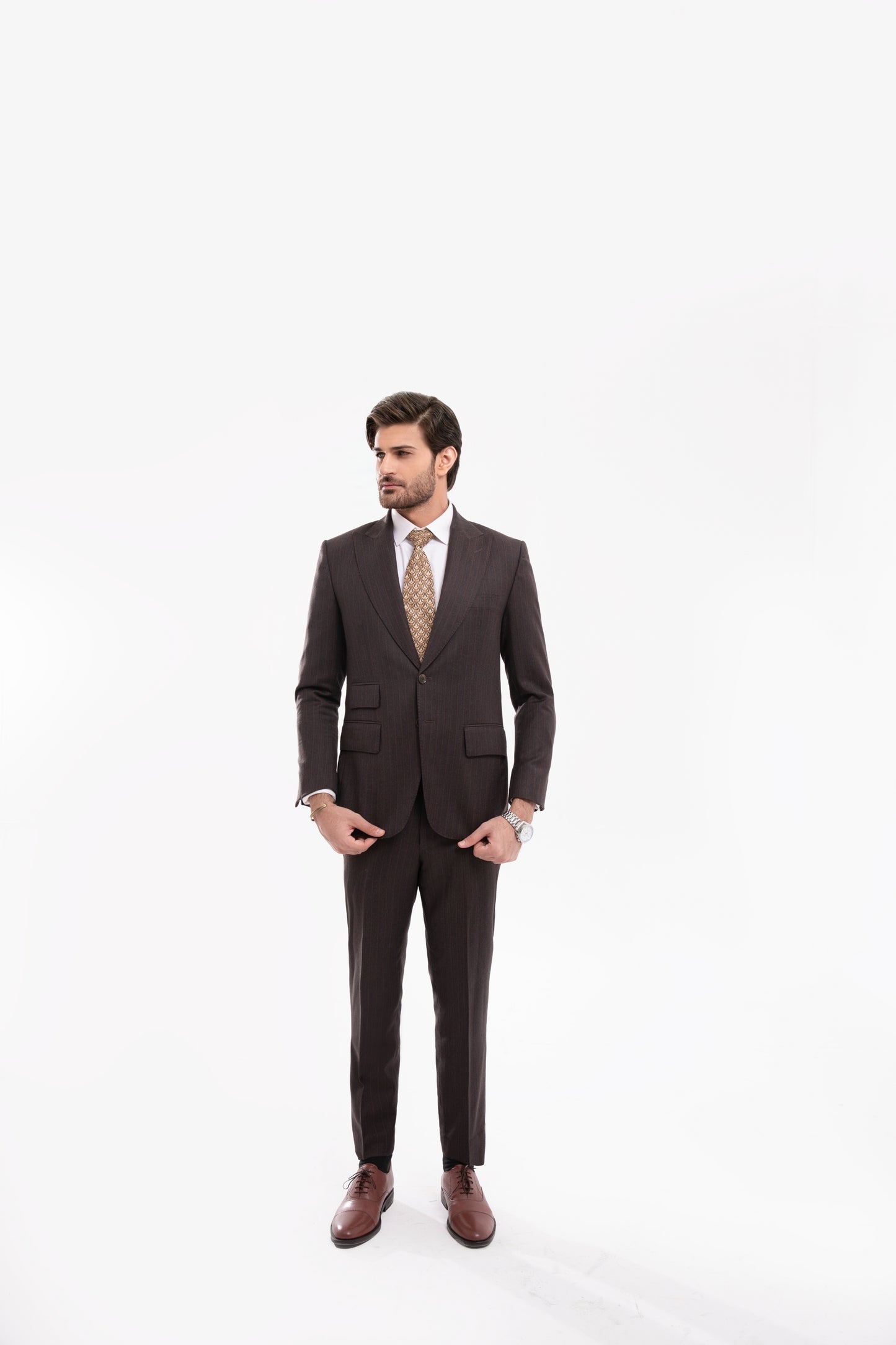 Brown Pinstripes Peak Lapels wool blended 2 Piece Suit with Ticket Pocket