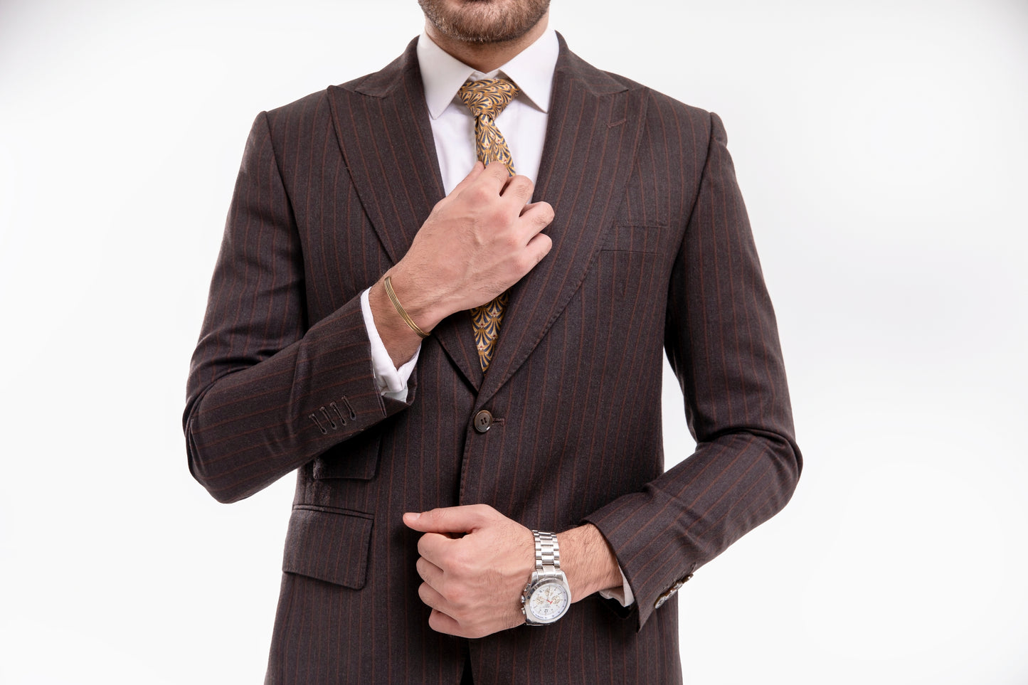 Brown Pinstripes Peak Lapels wool blended 2 Piece Suit with Ticket Pocket