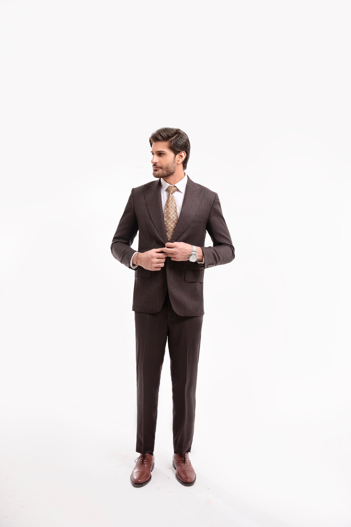 Brown Pinstripes Peak Lapels wool blended 2 Piece Suit with Ticket Pocket