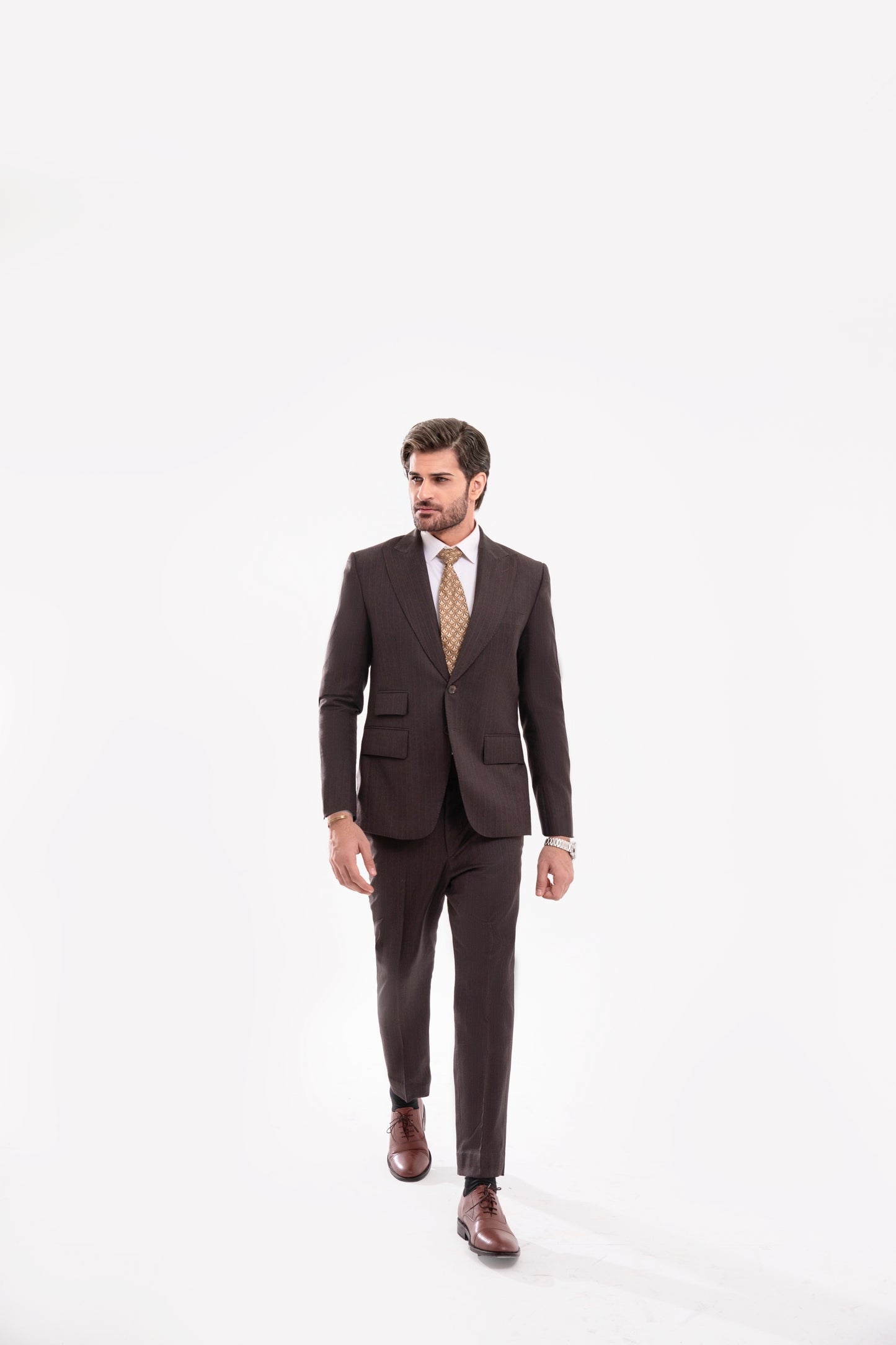 Brown Pinstripes Peak Lapels wool blended 2 Piece Suit with Ticket Pocket