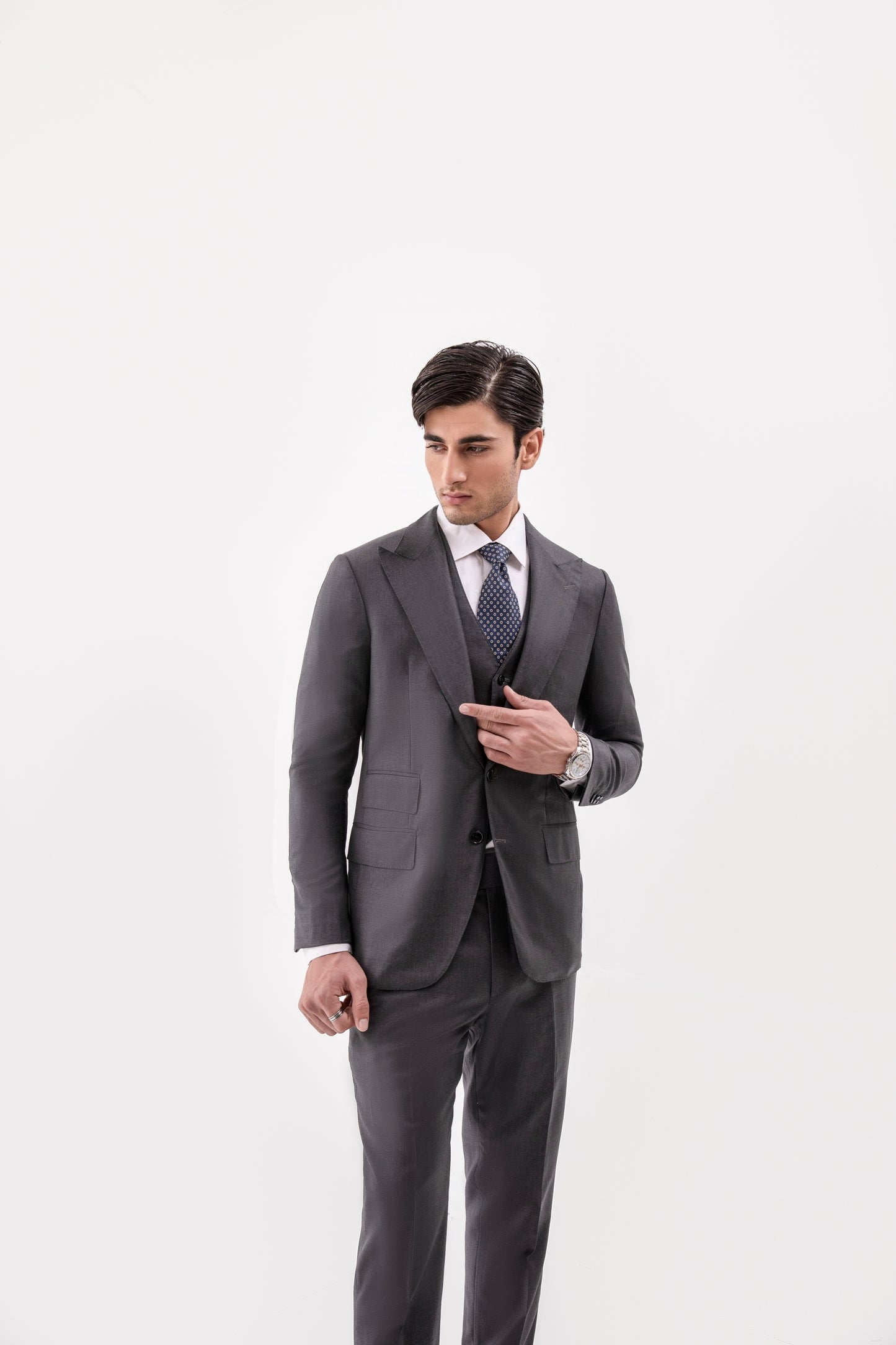 Loro Piana Super 150 Australis Wool -Mid grey Peak Lapel 3 Piece Suit