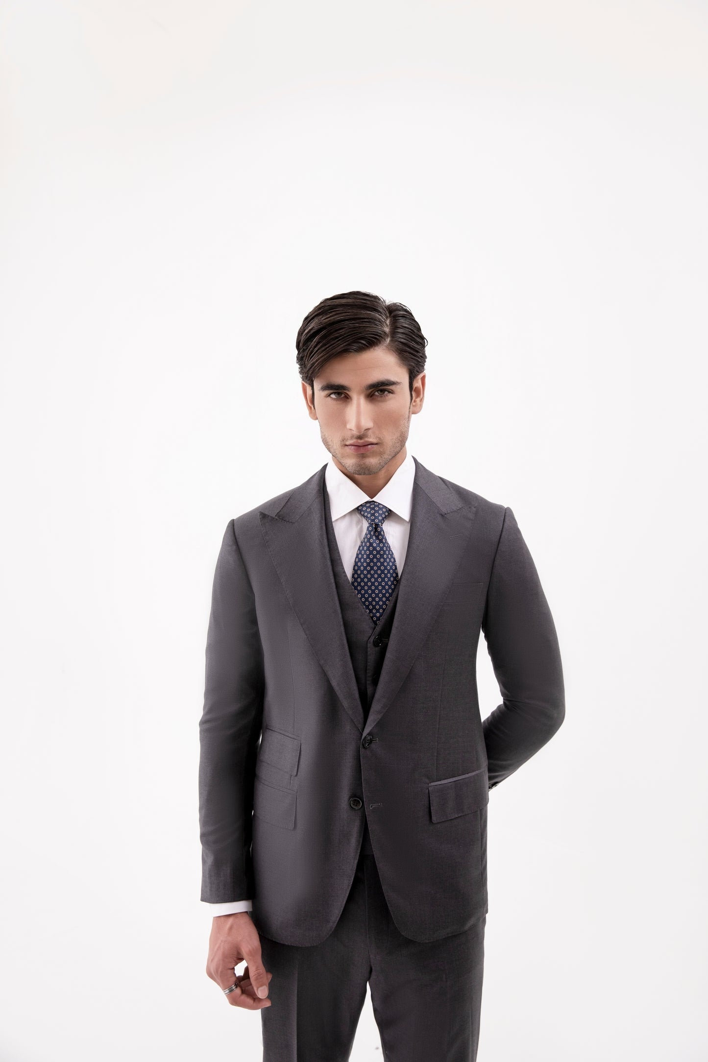 Loro Piana Super 150 Australis Wool -Mid grey Peak Lapel 3 Piece Suit