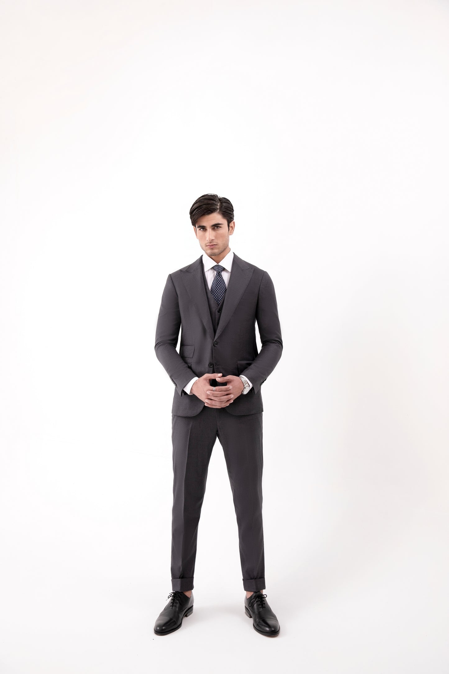 Loro Piana Super 150 Australis Wool -Mid grey Peak Lapel 3 Piece Suit