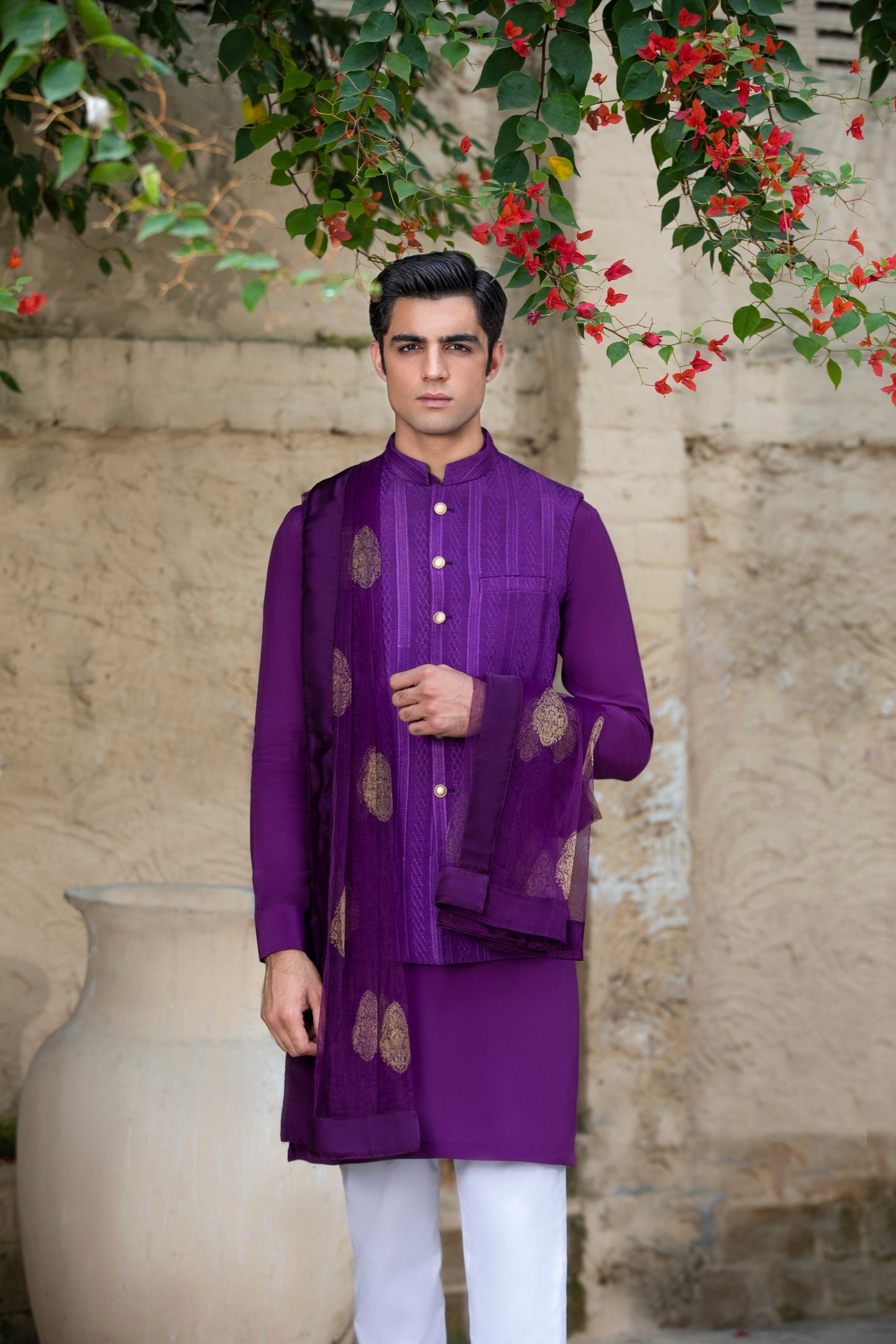 Aubergine Self-Embroidered Waist Coat