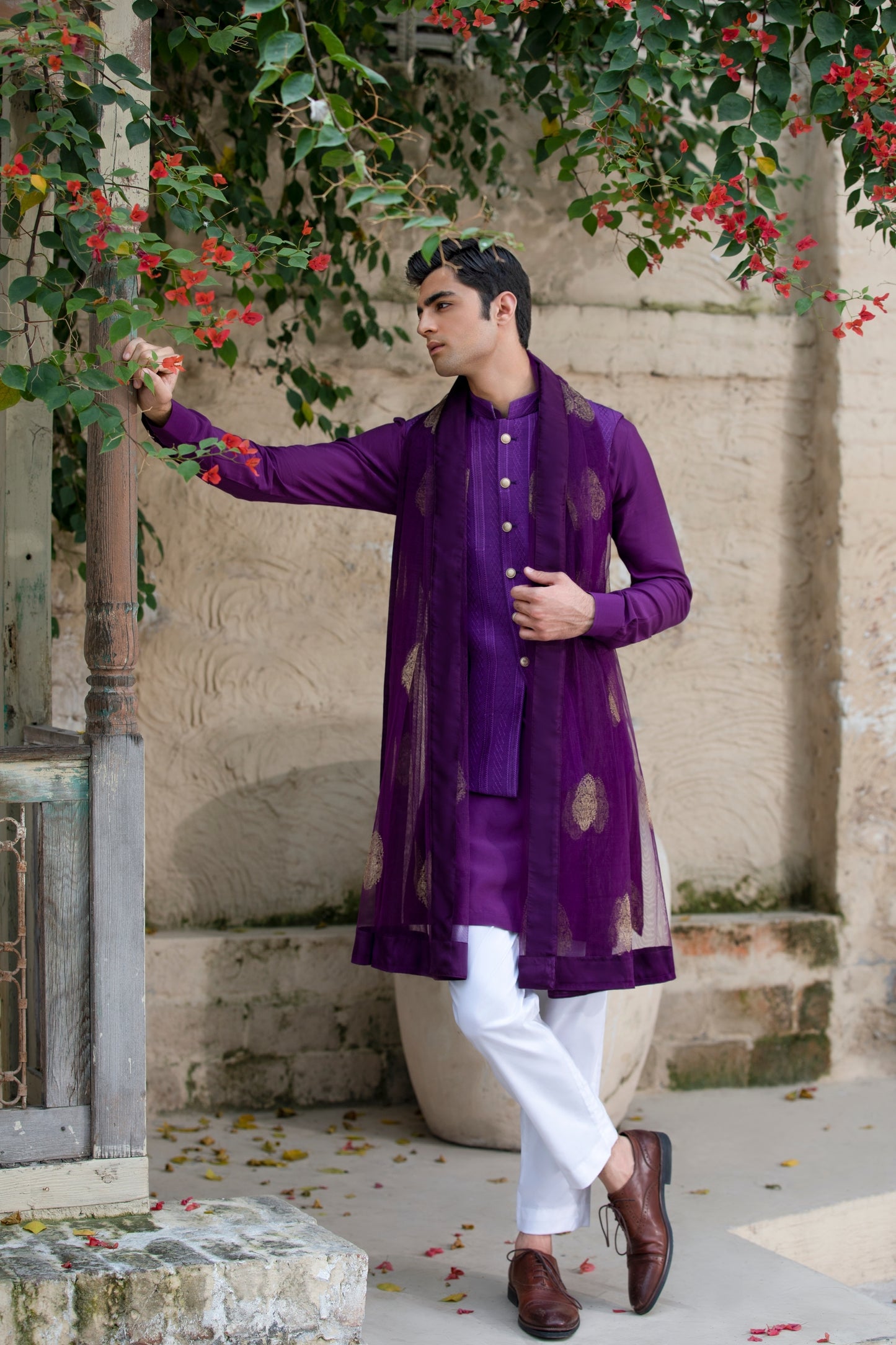 Aubergine Self-Embroidered Waist Coat