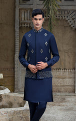 Navy Silk Hand-Embellished Waistcoat With Raw Silk Kurta & Troser