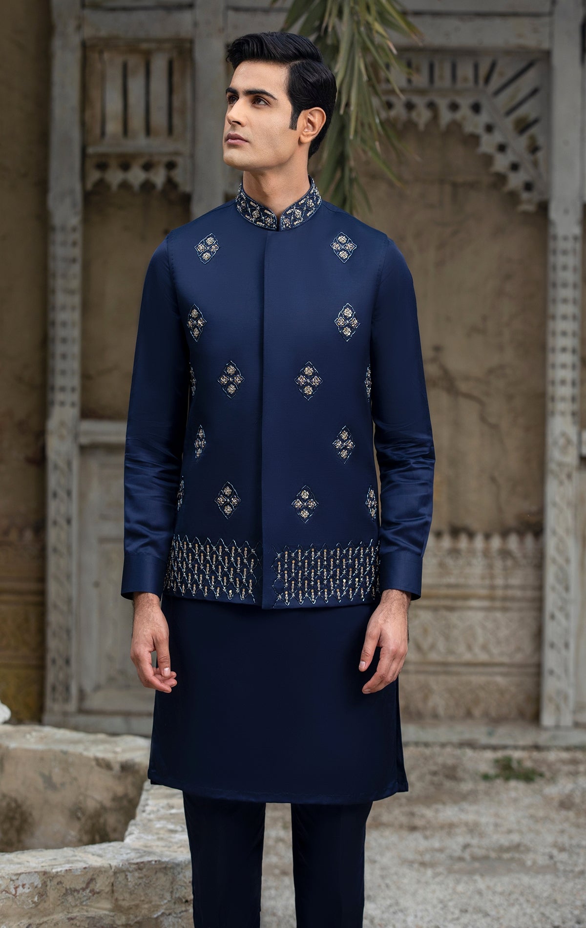 Navy Silk Hand-Embellished Waistcoat With Raw Silk Kurta & Troser