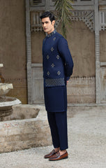 Navy Silk Hand-Embellished Waistcoat With Raw Silk Kurta & Troser