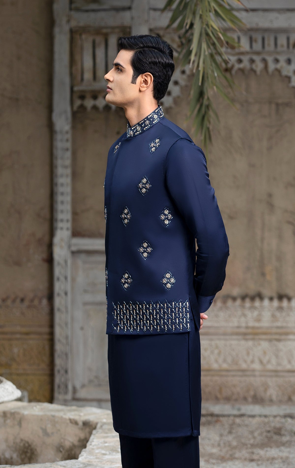 Navy Silk Hand-Embellished Waistcoat With Raw Silk Kurta & Troser