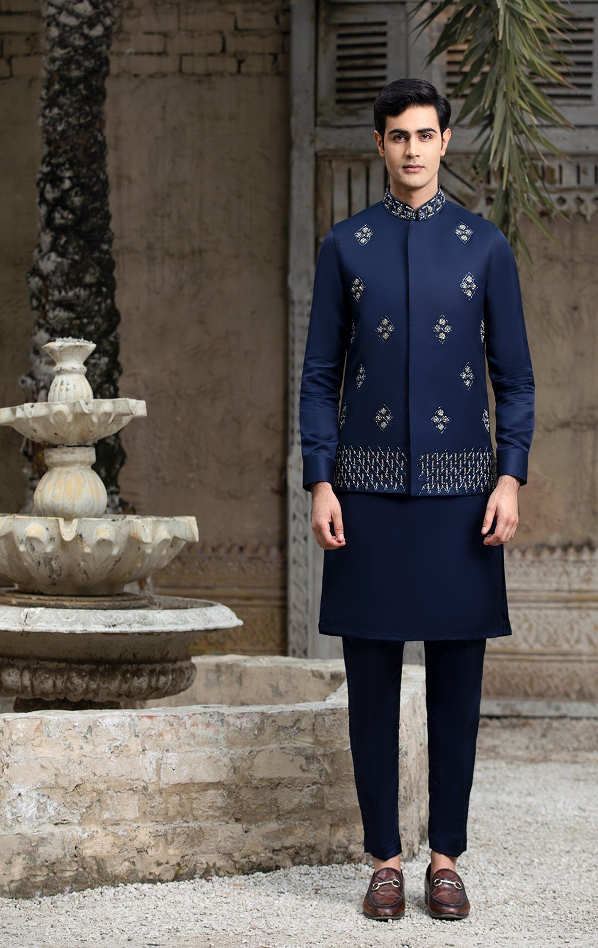 Navy Silk Hand-Embellished Waistcoat With Raw Silk Kurta & Troser