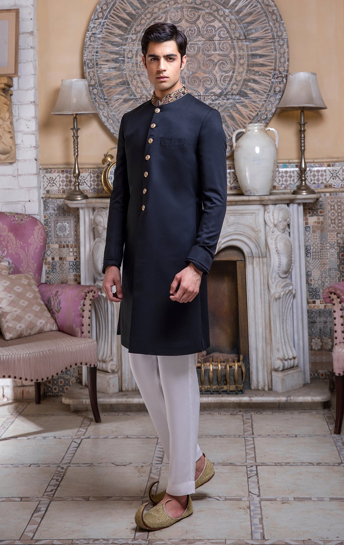 Navy Blue Self Jamawar Sherwani for Groom