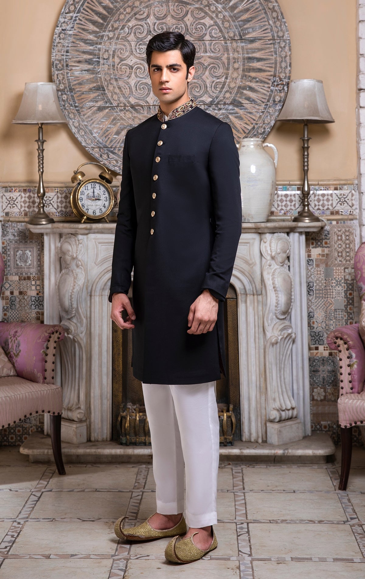 Navy Blue Self Jamawar Sherwani for Groom