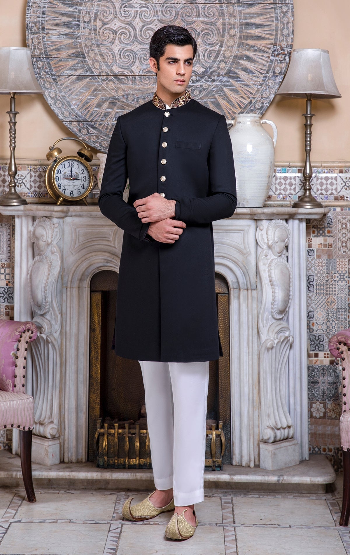 Navy Blue Self Jamawar Sherwani for Groom