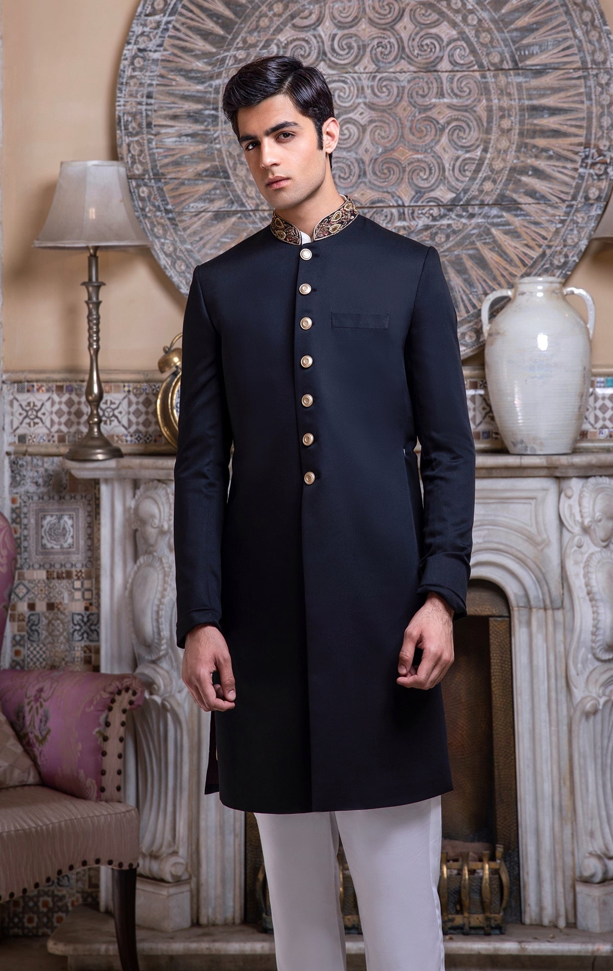 Navy Blue Self Jamawar Sherwani for Groom