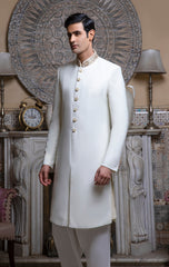 Off-White Suiting Fabric Sherwani With Band Embllishment