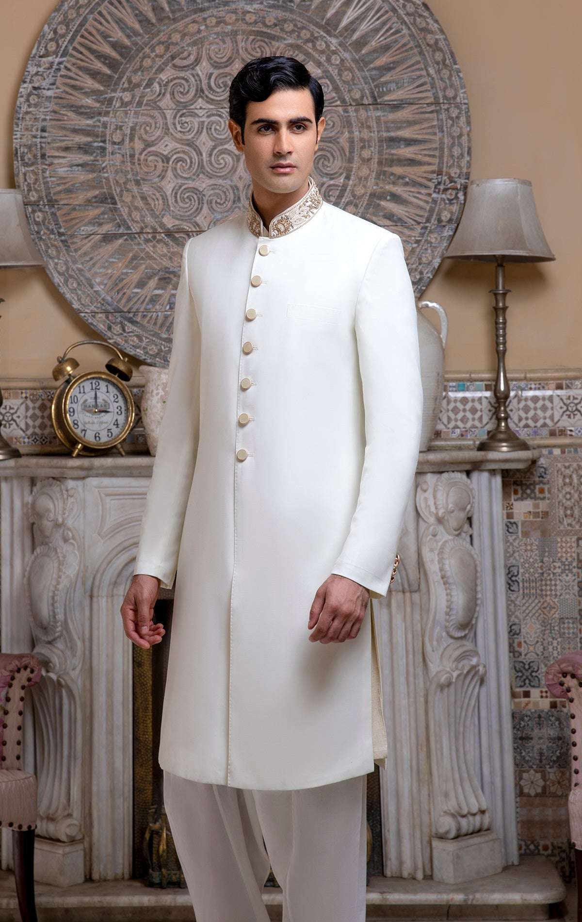 Off-White Suiting Fabric Sherwani With Band Embllishment