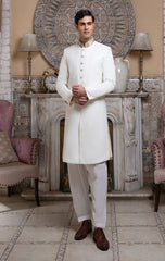 Off-White Suiting Fabric Sherwani With Band Embllishment