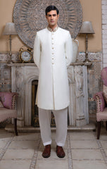 Off-White Suiting Fabric Sherwani With Band Embllishment