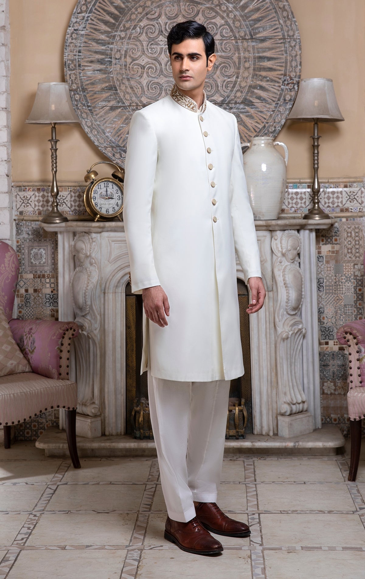 Off-White Suiting Fabric Sherwani With Band Embllishment