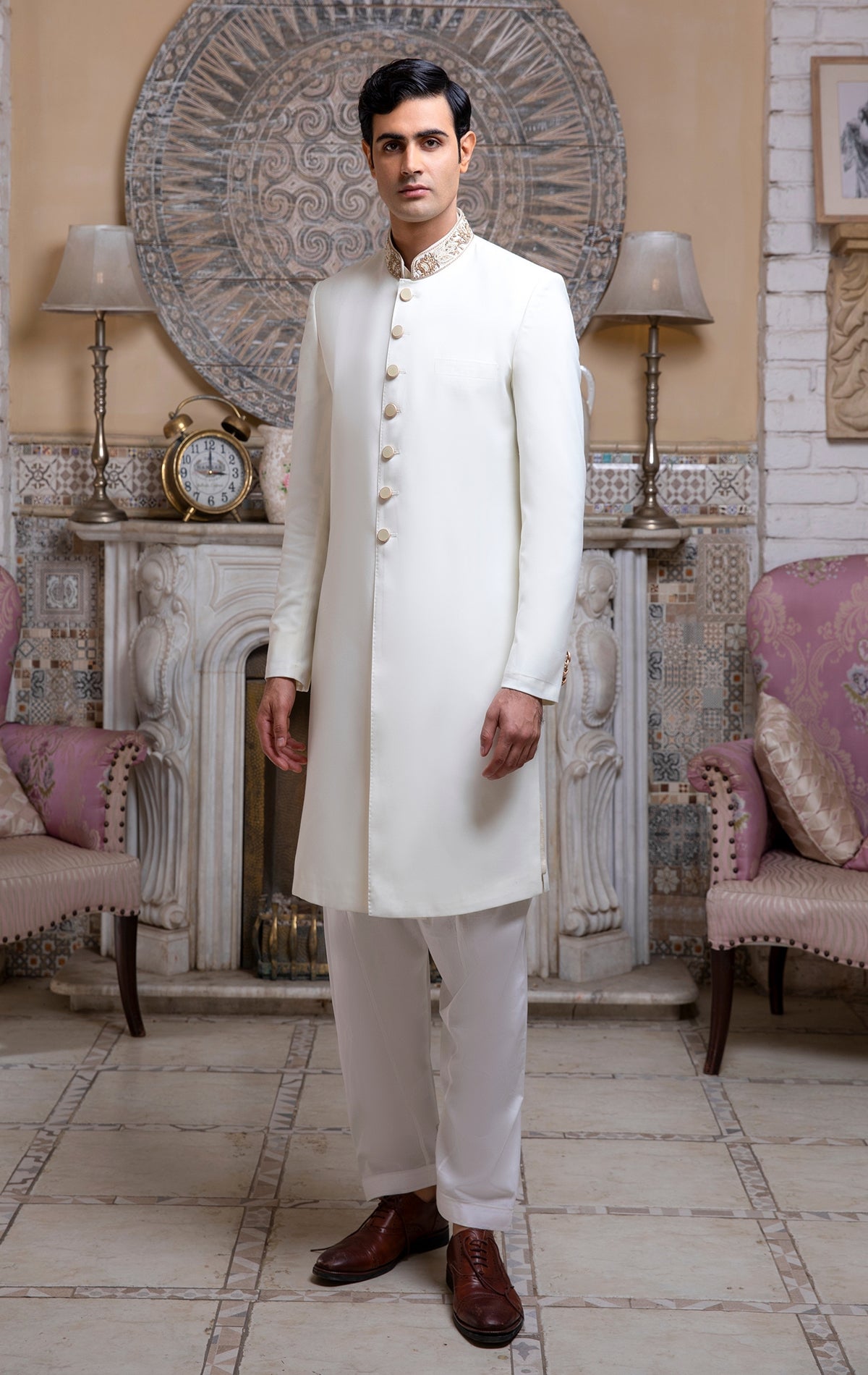 Off-White Suiting Fabric Sherwani With Band Embllishment