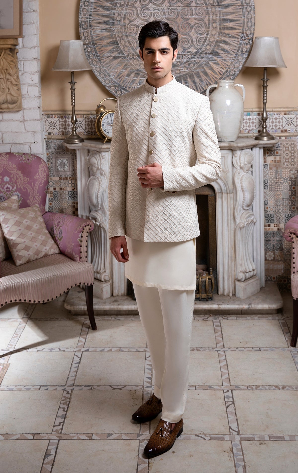 Off-White Suiting Fabric Sherwani With Band Embllishment