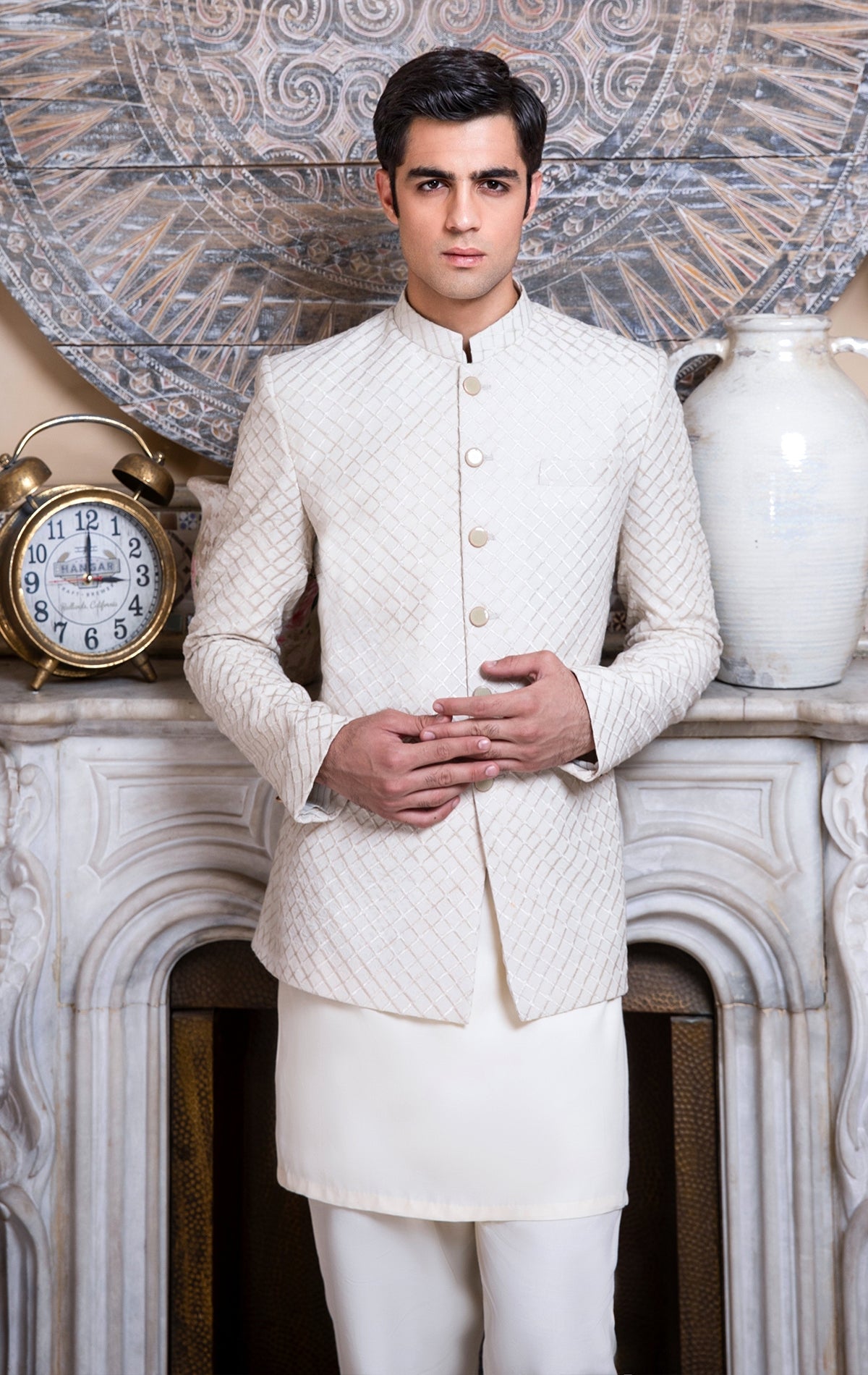 Off-White Suiting Fabric Sherwani With Band Embllishment