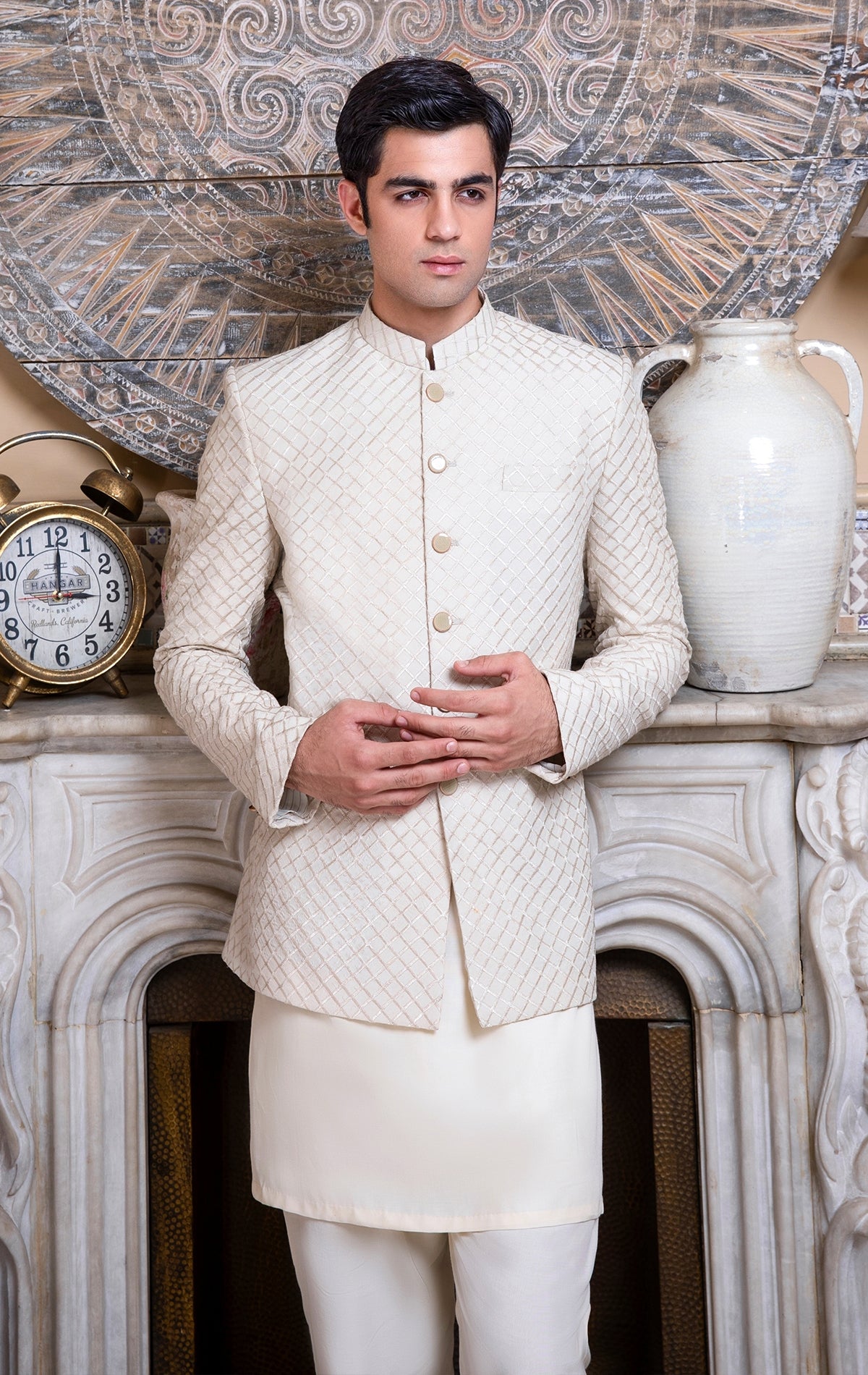 Off-White Suiting Fabric Sherwani With Band Embllishment