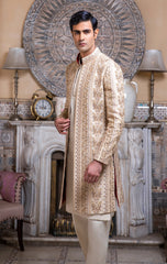 Luxurious Open Front Golden Serwani For Groom