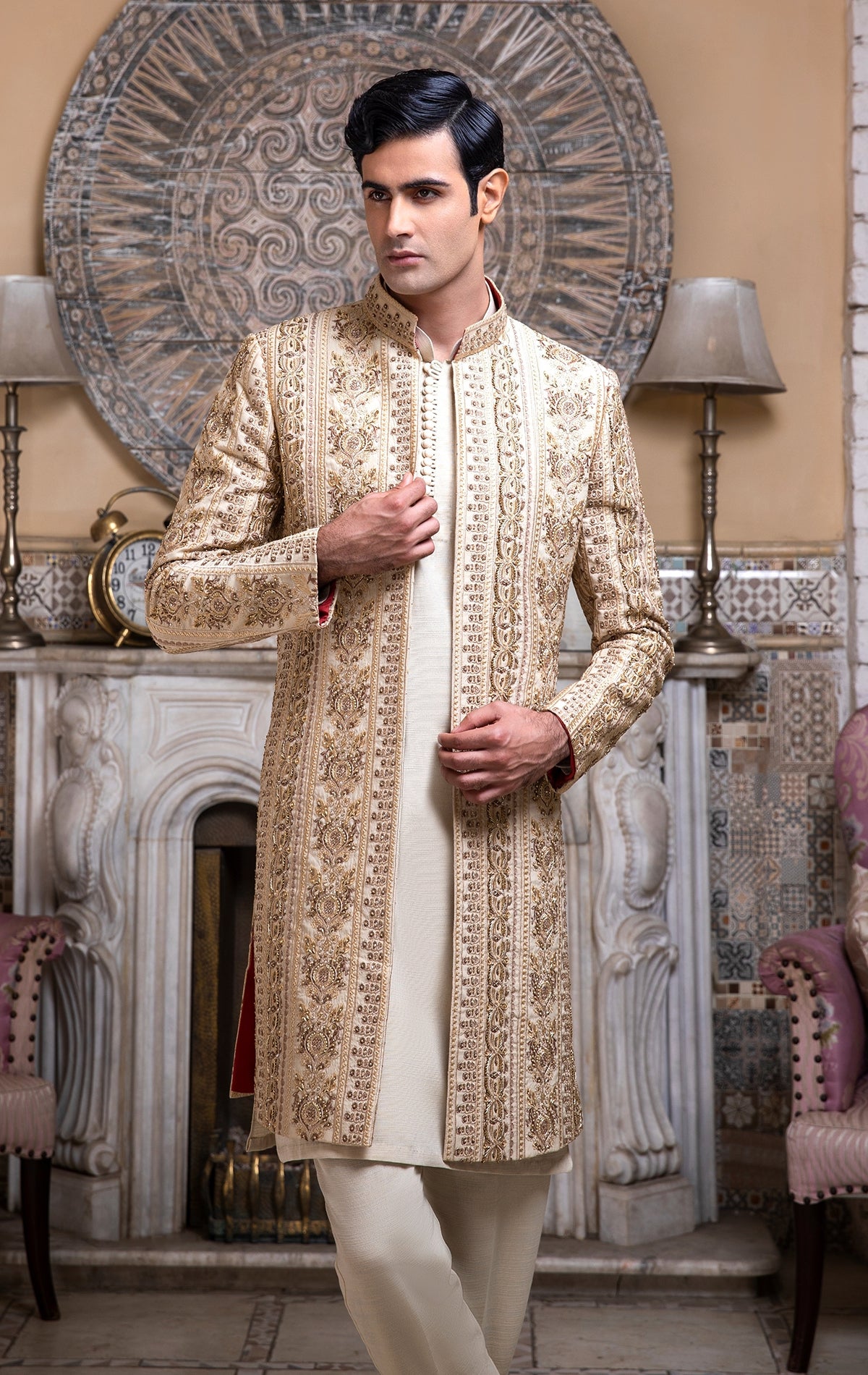 Luxurious Open Front Golden Serwani For Groom