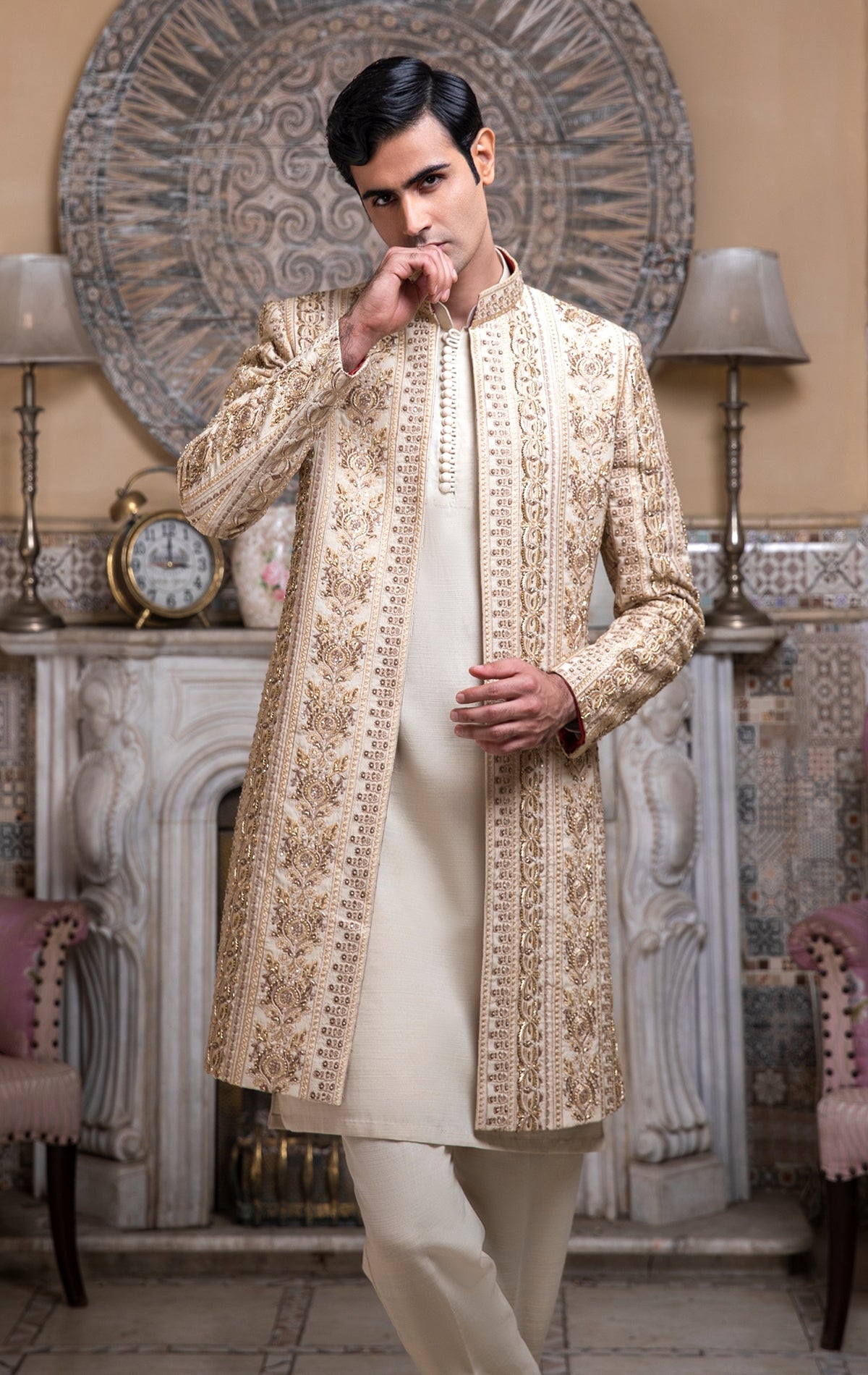 Luxurious Open Front Golden Serwani For Groom