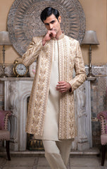 Luxurious Open Front Golden Serwani For Groom