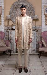 Luxurious Open Front Golden Serwani For Groom