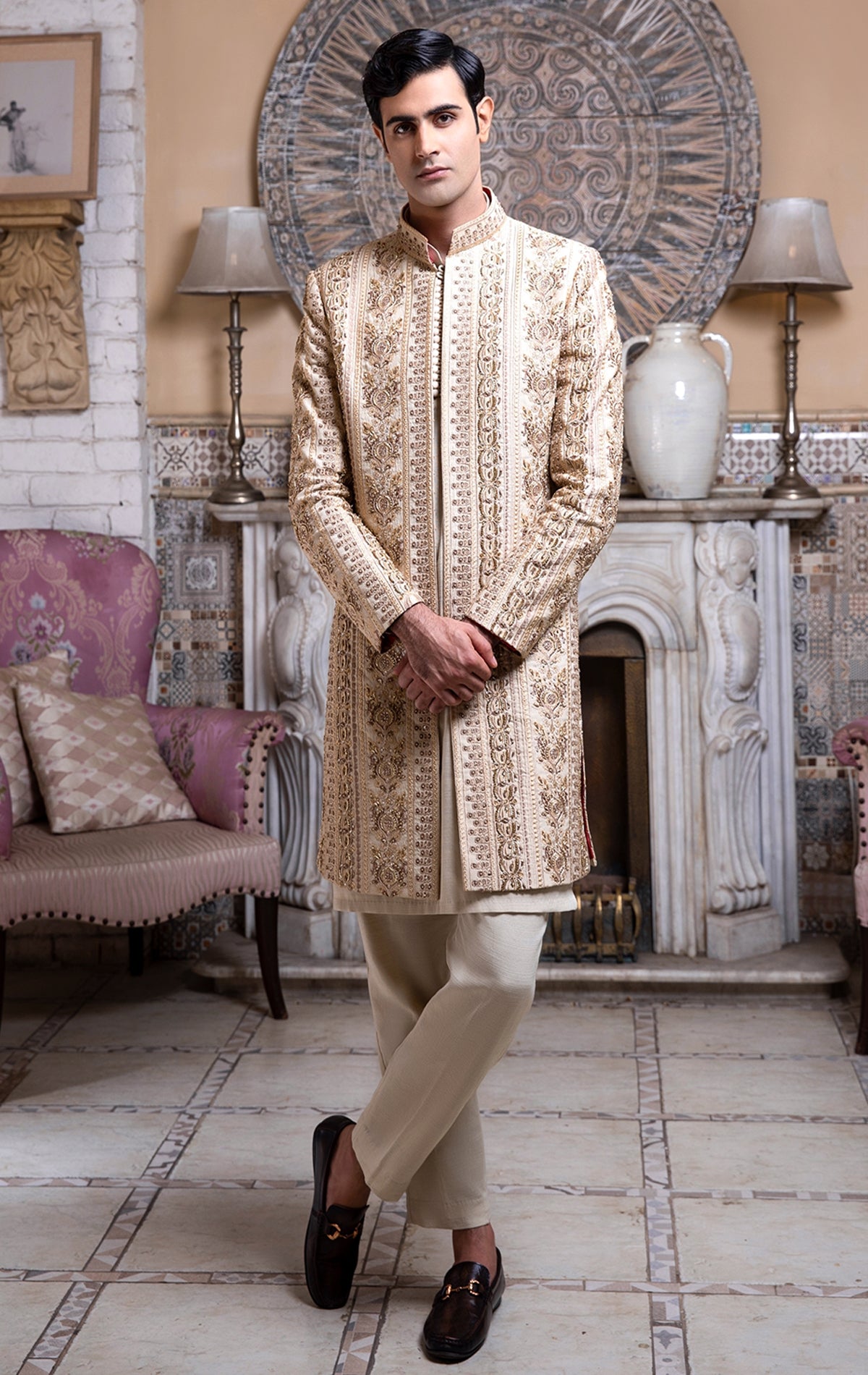 Luxurious Open Front Golden Serwani For Groom