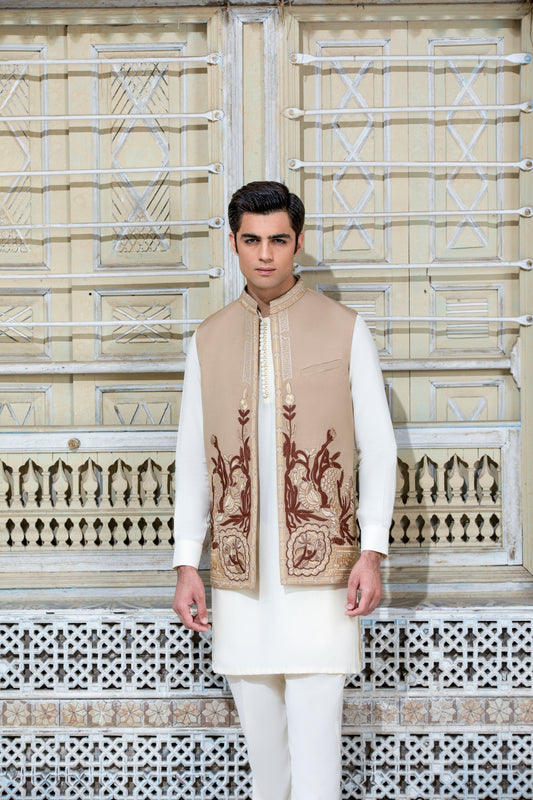 Beige Front Open Embroidered Waistcoat