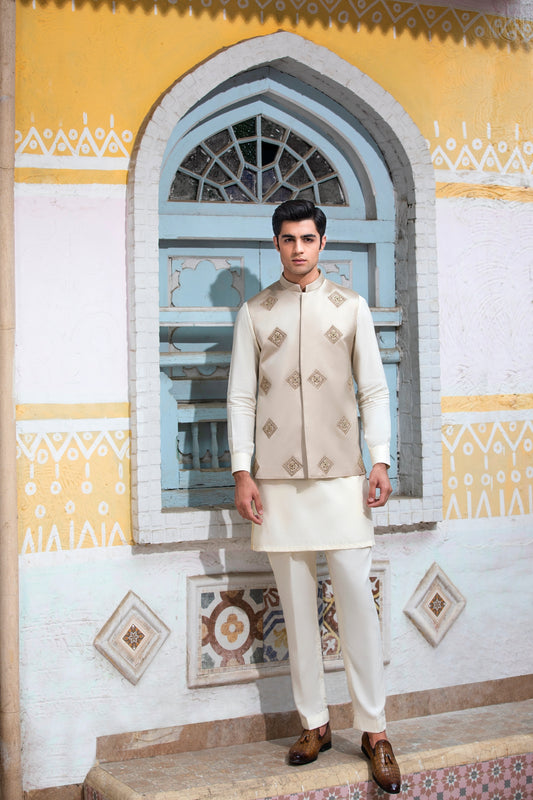 Beige Front Open Embroidered Waistcoat