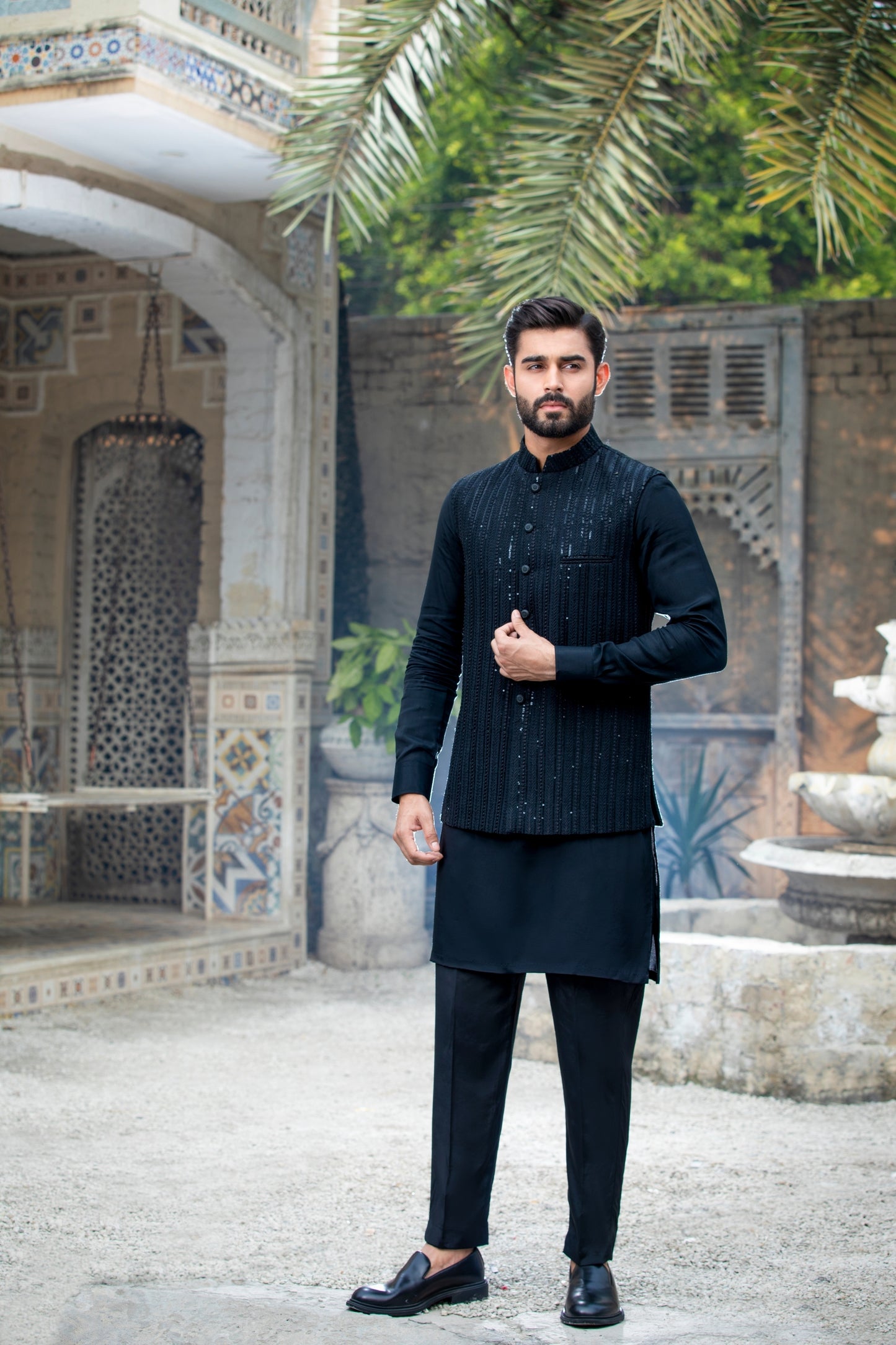 Black Self-Sequence Embroidered Waistcoat