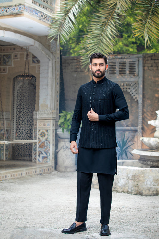 Black Self-Sequence Embroidered Waistcoat