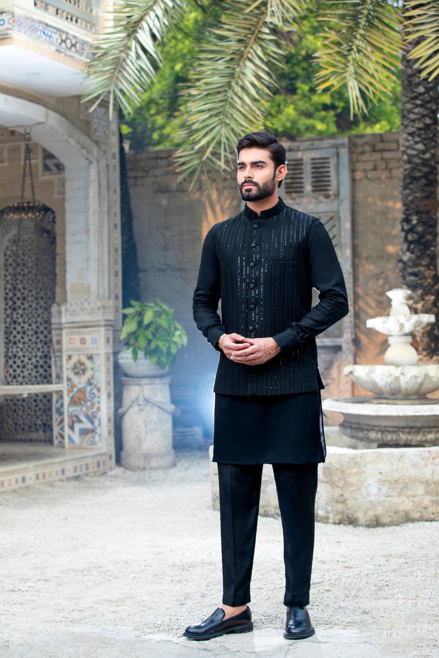 Black Self-Sequence Embroidered Waistcoat