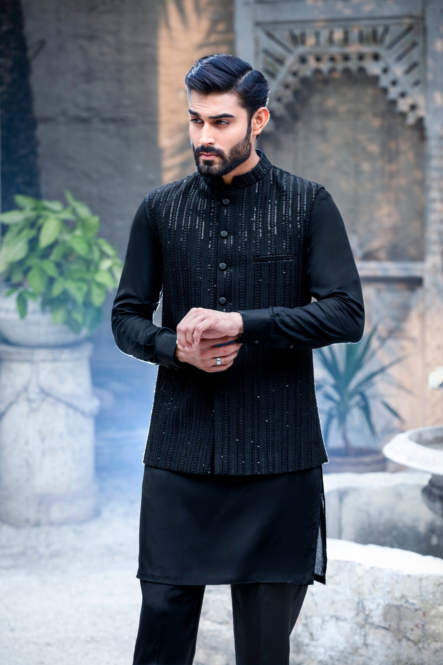 Black Self-Sequence Embroidered Waistcoat