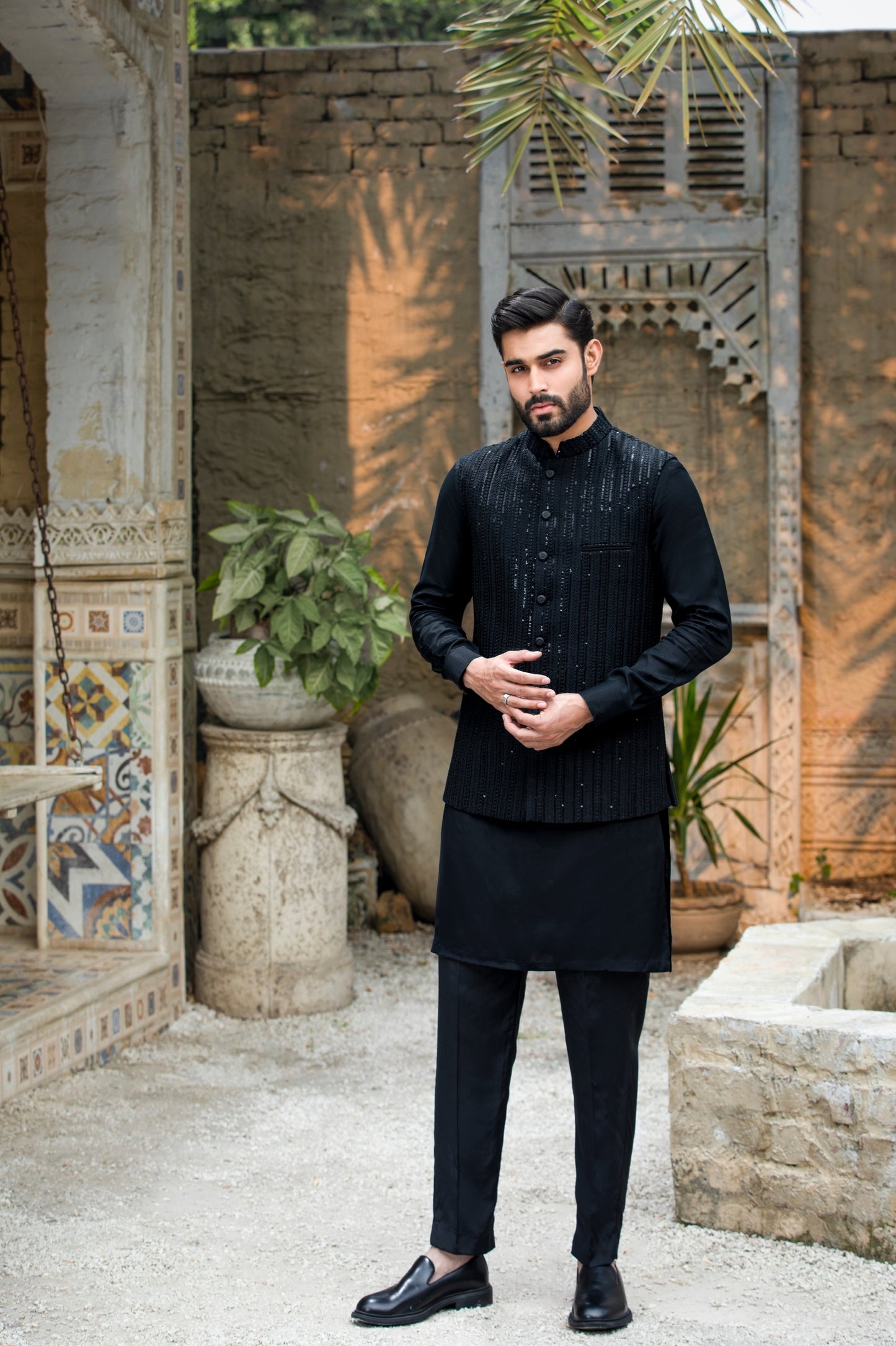 Black Self-Sequence Embroidered Waistcoat