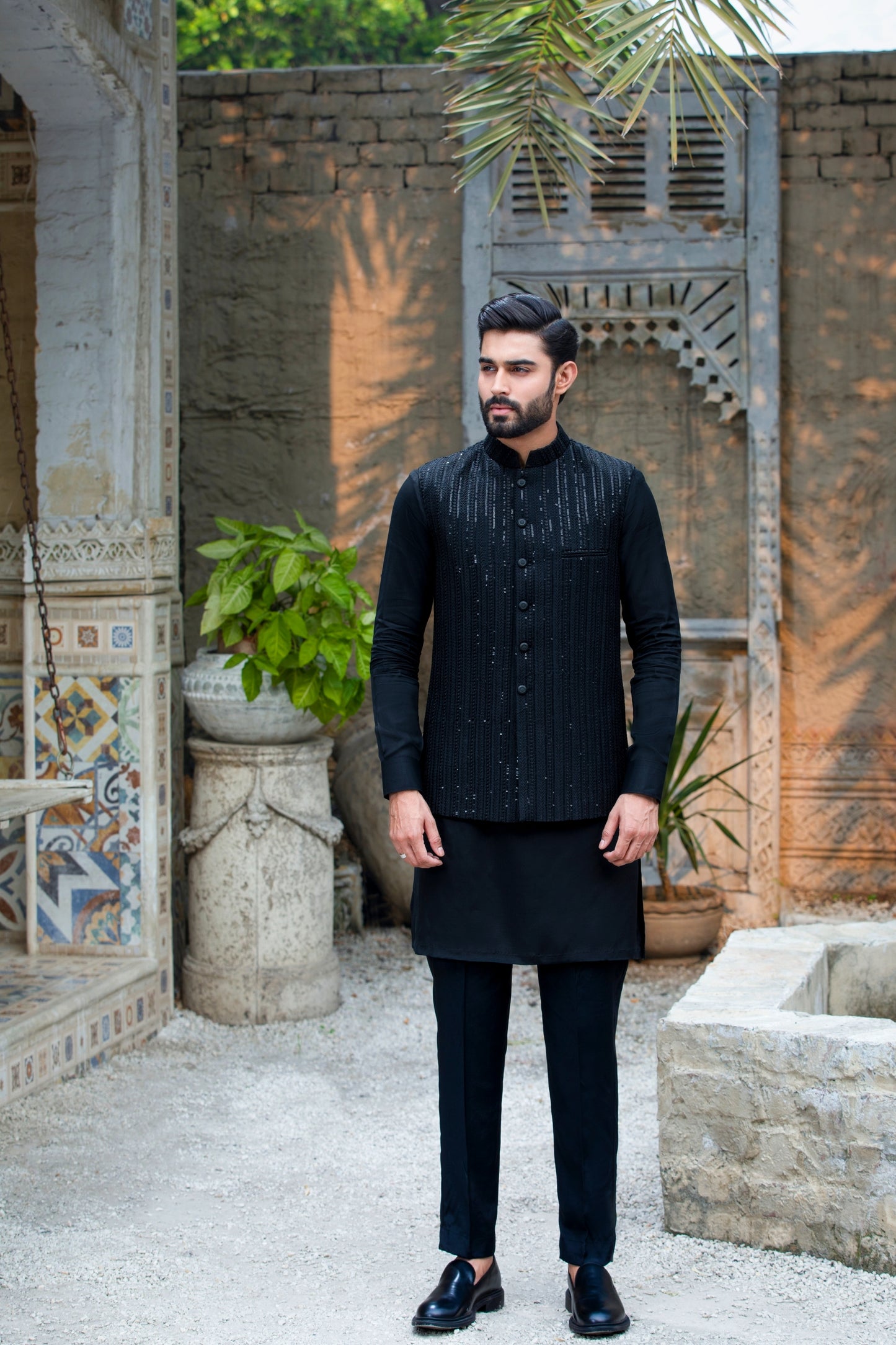 Black Self-Sequence Embroidered Waistcoat