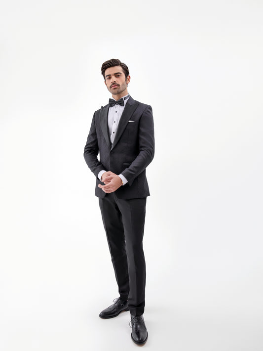 Black Tuxedo in Jacquard Fabric Jacket with tuxedo trouser