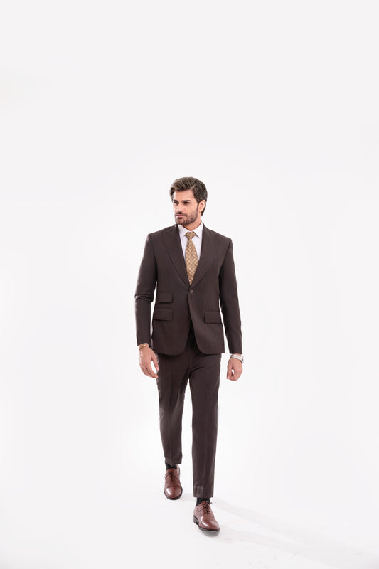 Brown Pinstripes Peak Lapels wool blended 2 Piece Suit with Ticket Pocket