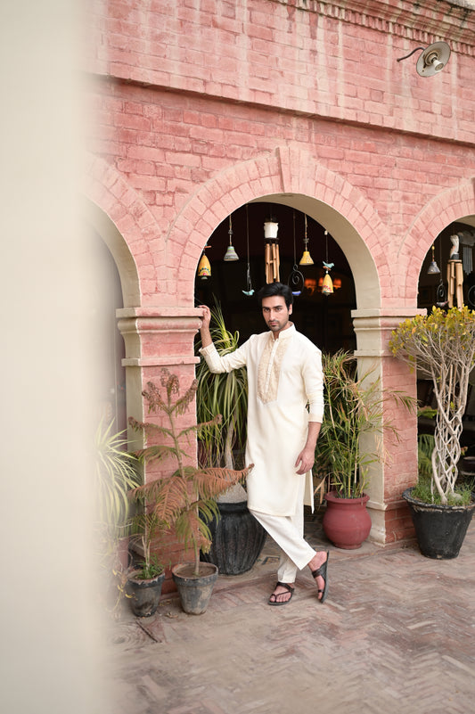 Cream- Neckline Embroidered Kurta with Trouser