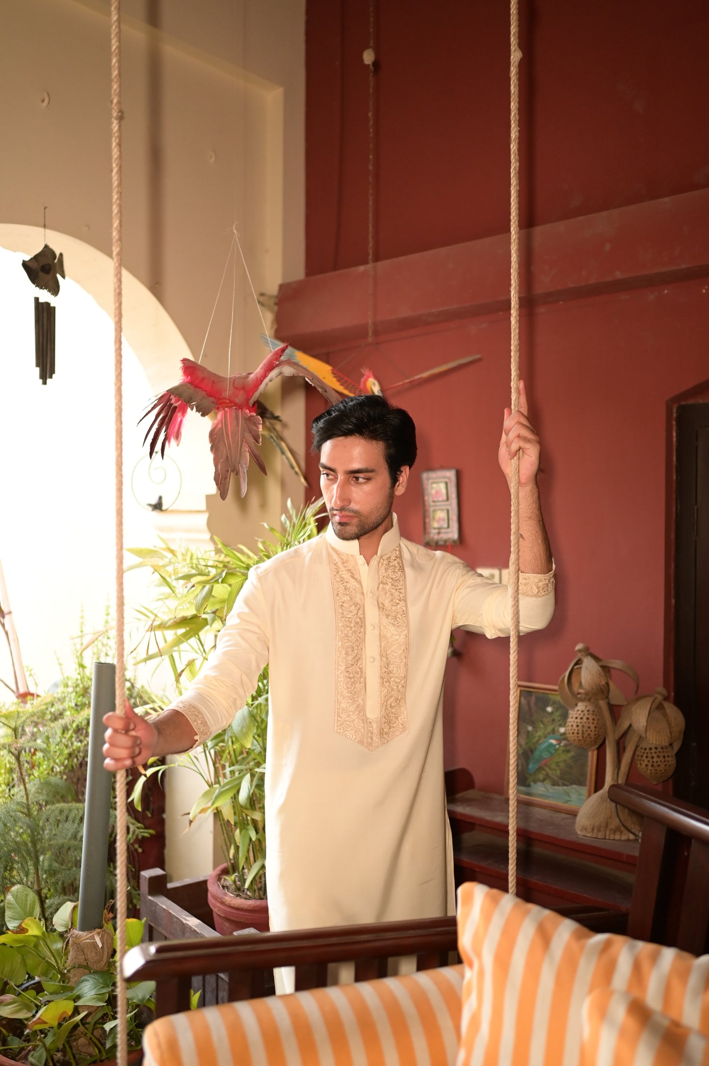 Cream- Neckline Embroidered Kurta with Trouser