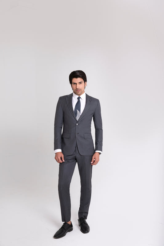 Gaubello Super 130s Mid Grey Pinstripes Notch Lapels 2 Piece Suit