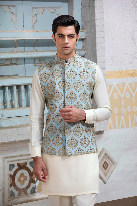 Ice-Blue Hand Embellished Waistcoat